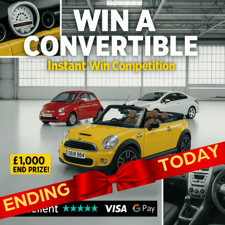 INSTANTSCRATCH#5 WIN HOT SUMMER LUXURY CONVERTIBLE CAR - FIAT 500 CABRIO, MINI COOPER CABRIO, PEUGEOT 207 CC CABRIO- END PRIZE £1,000