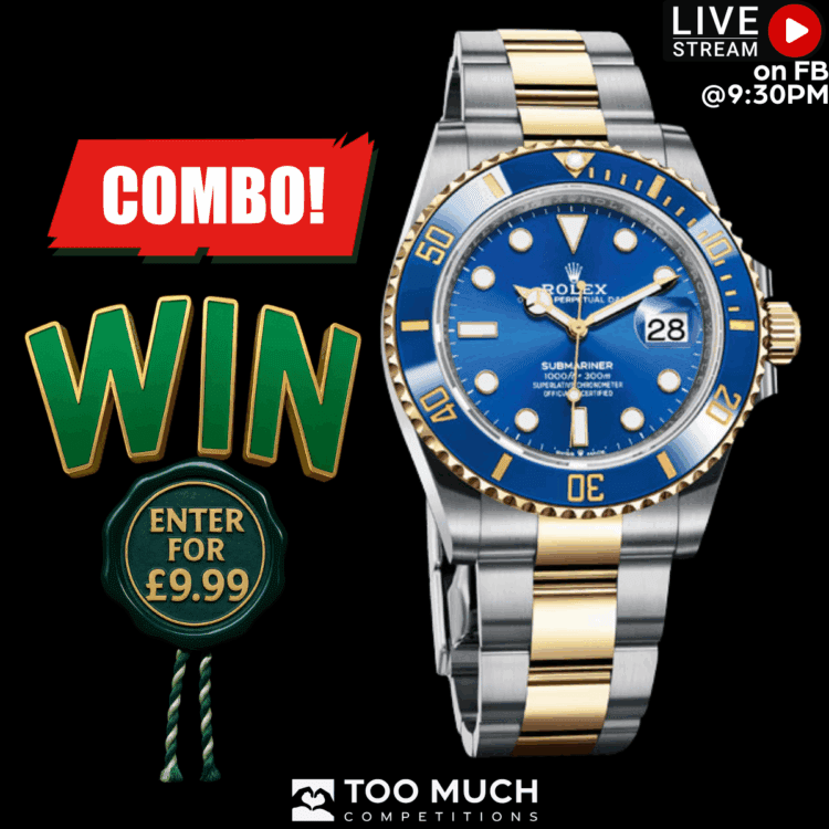 LIVEDRAW#40 WIN LUXURY ROLEX OYSTER PERPETUAL SUBMARINER DATE 41MM WATCH YELLOW ROLESOR BLUE CERACHROM BEZEL (GOLD JEWELLERY) (£13,000 CASH ALTERNATIVE)
